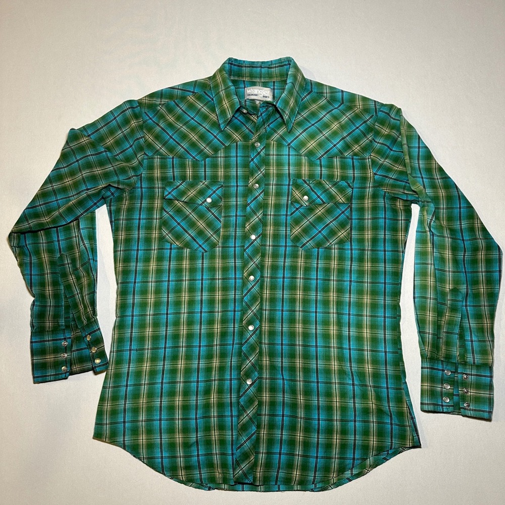 Vintage Wrangler Shirt Mens‎ Small Plaid Green Plaid Wrancher Pearl Snap Western